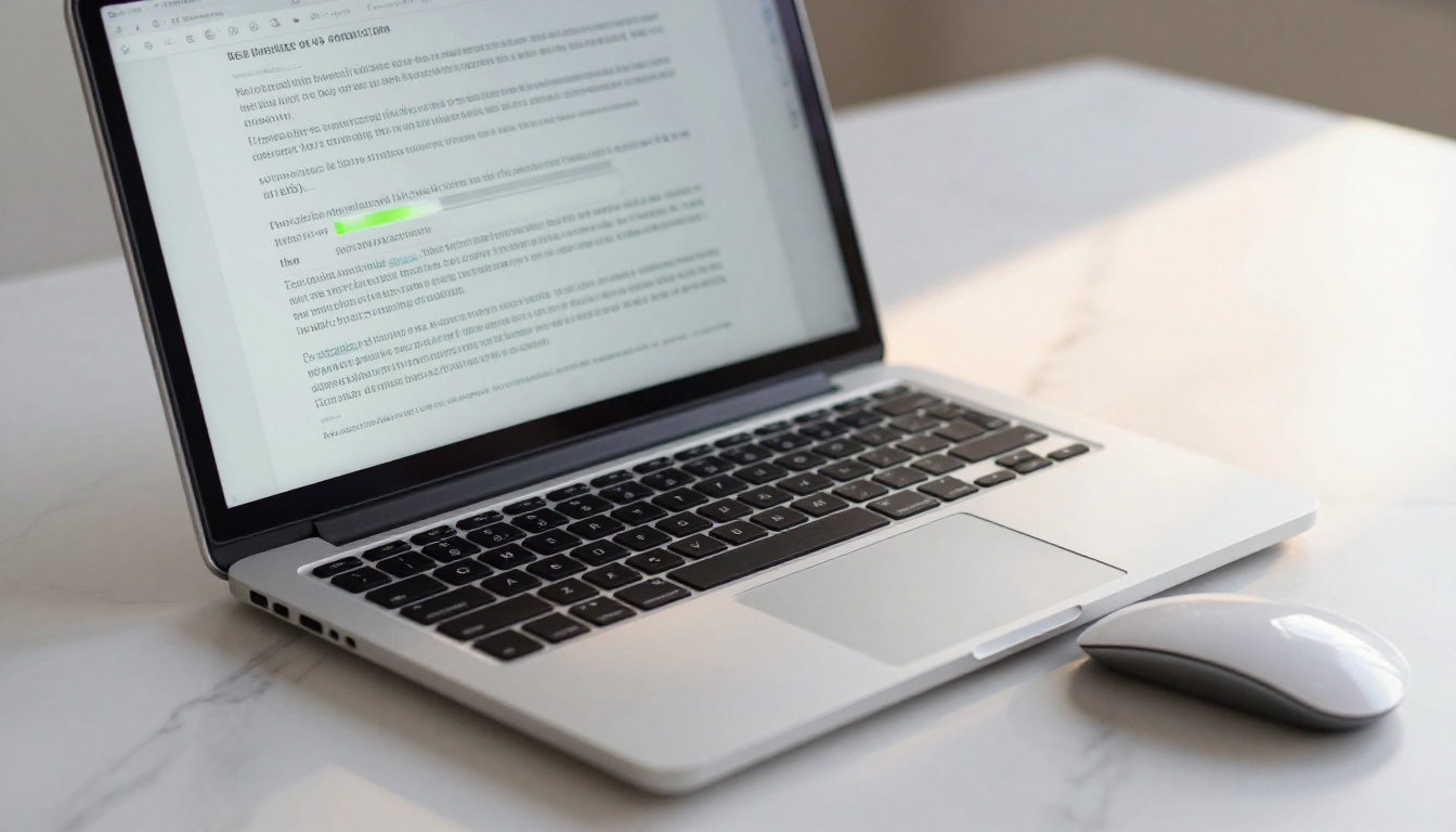 A close-up aerial view of a laptop screen showing a PDF document being processed and converted with a progress interface on a marble desk