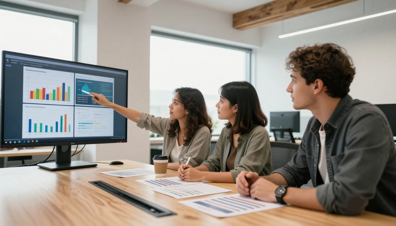 A diverse marketing team reviewing colorful flipbook analytics on a large wall-mounted screen in a bright modern open-plan office