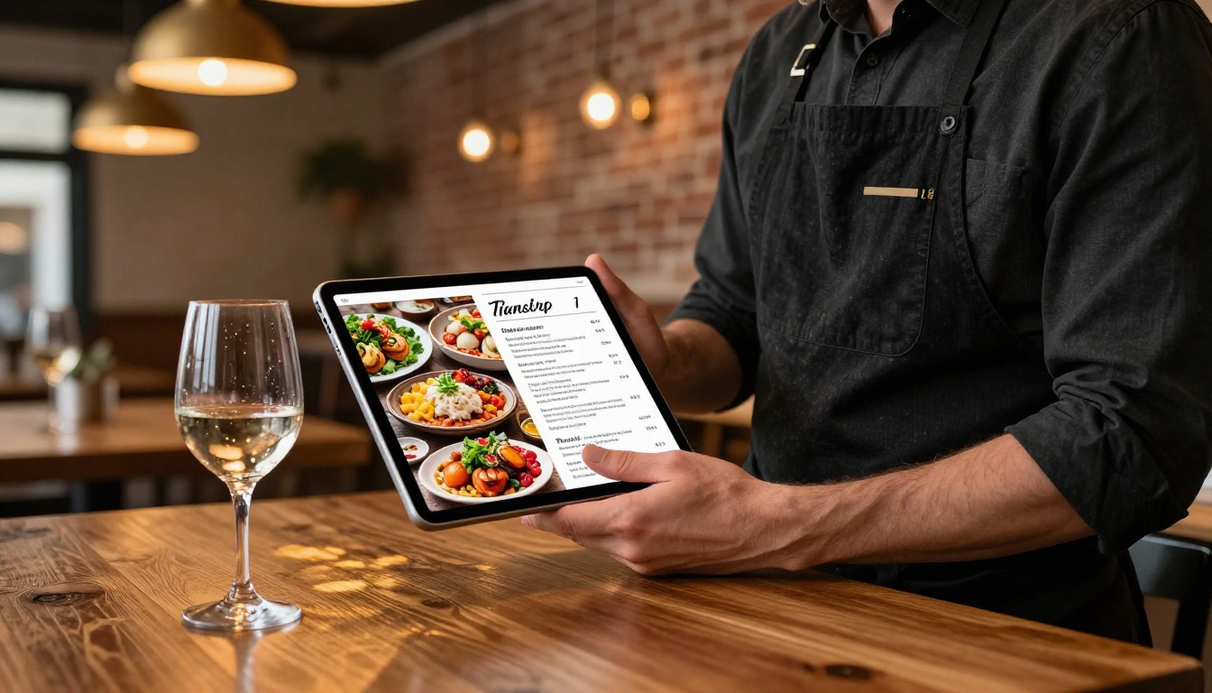 A restaurant manager using an iPad to show a digital menu flipbook to a customer at a warm, amber-lit restaurant table