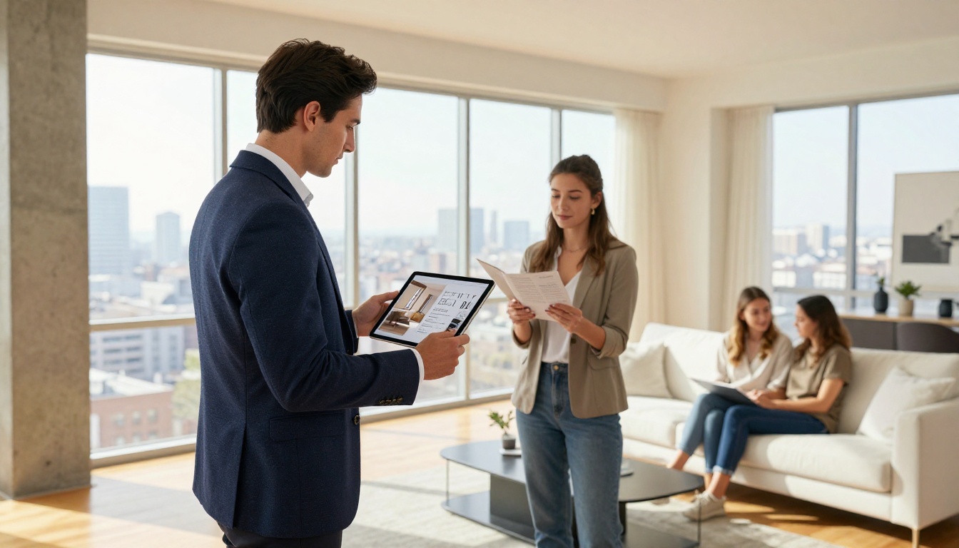 A real estate agent in a tailored navy blazer showing a property brochure flipbook on an iPad to a young couple seated in a bright modern apartment