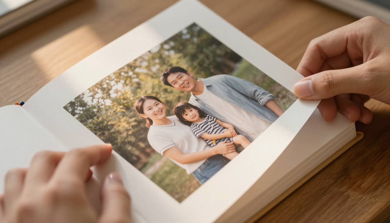 Hands gently turning the thick cardstock page of a printed photo album in warm afternoon light