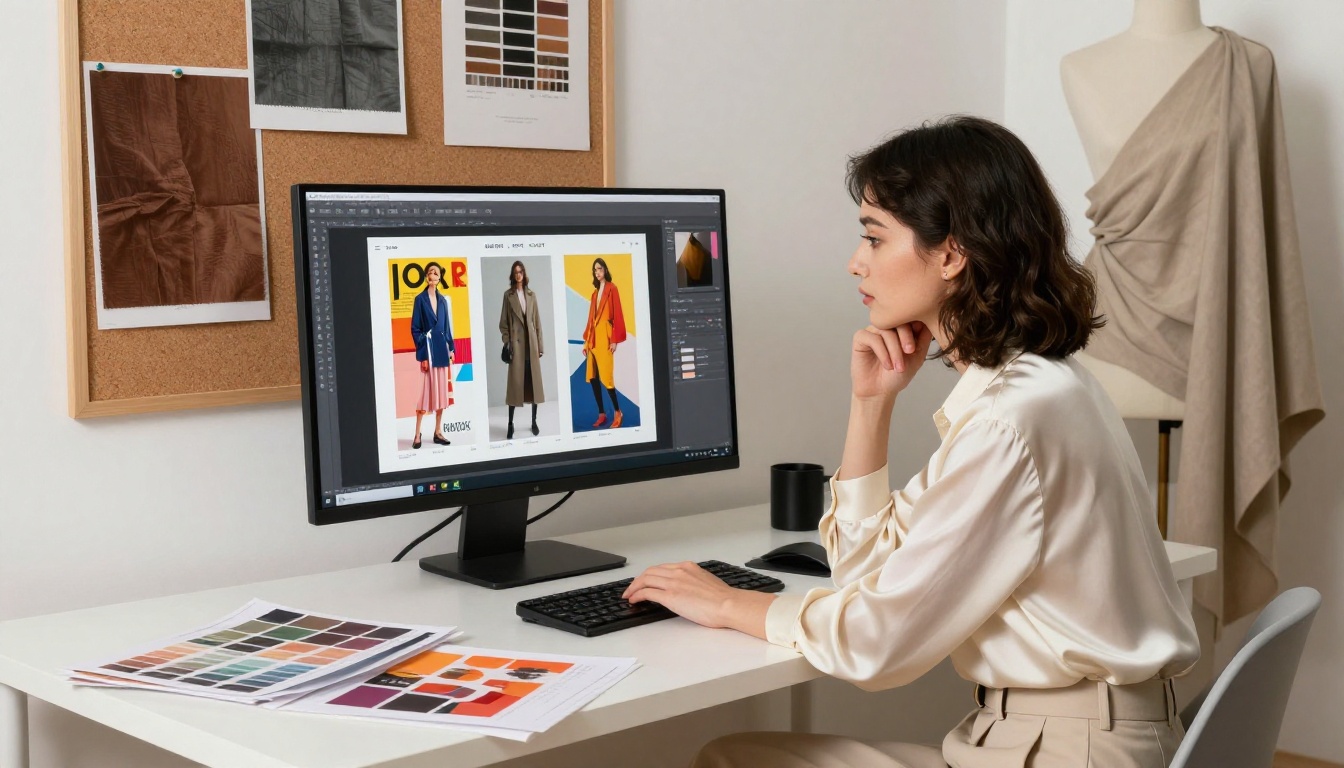 A fashion designer reviewing a colorful digital lookbook on a monitor in a minimalist studio with fabric swatches pinned to a cork board behind her
