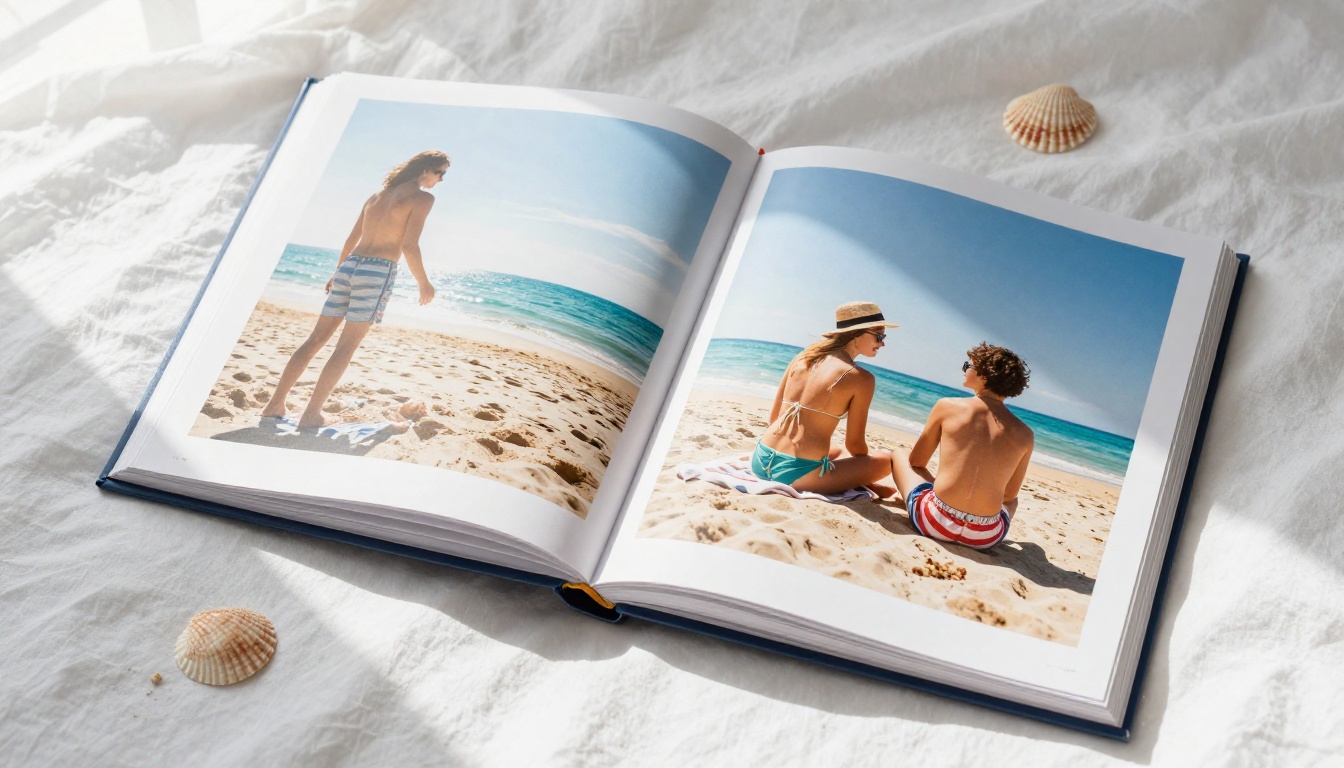 Photo album open on white linen bedsheets showing beach vacation photos in natural morning light