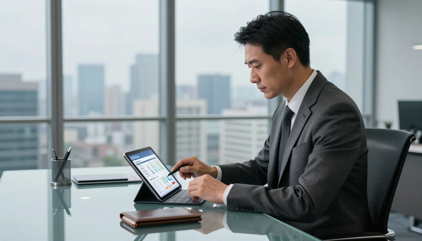 A business executive in a charcoal suit reviewing a corporate annual report flipbook on a tablet at a glass desk with a city skyline behind him