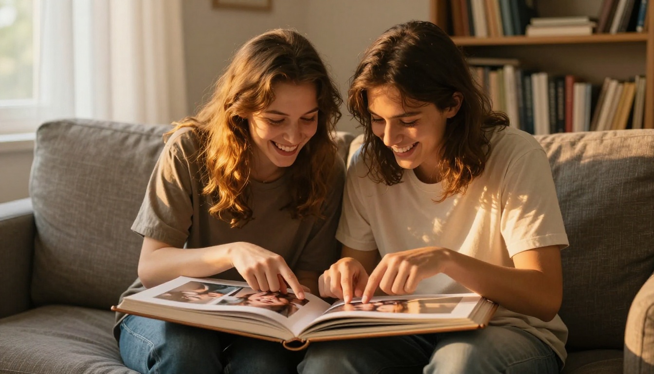 Young couple on gray linen sofa sharing a photo album with genuine smiles in golden hour light