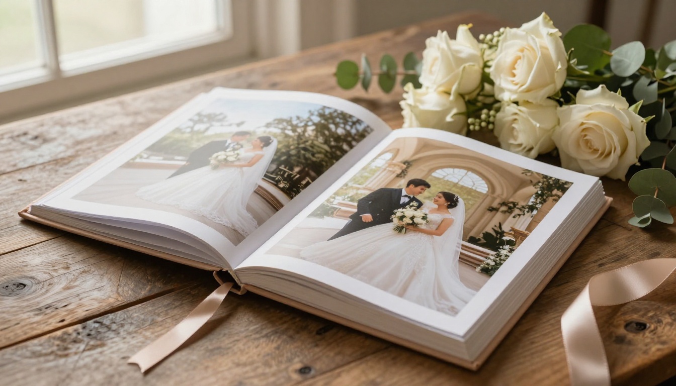 Elegant wedding photo album open on rustic oak table with cream roses and blush ribbon bookmark in soft window light