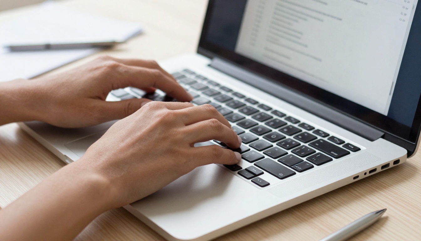 Close-up of well-groomed hands typing on a silver MacBook keyboard with a PDF upload interface visible on screen