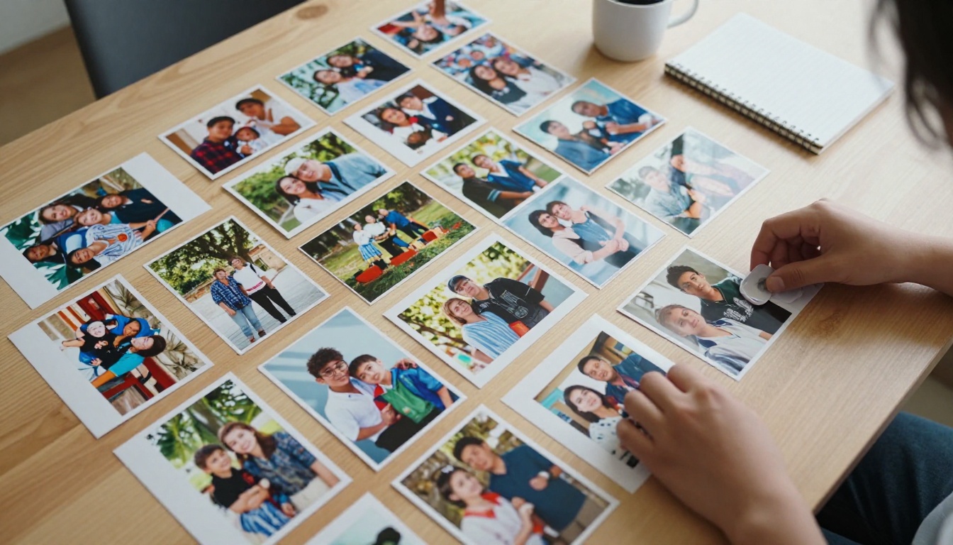 Aerial overhead view of hands arranging printed photographs on a wooden table with coffee and notebook nearby