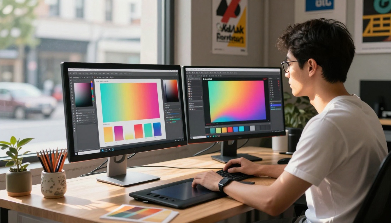 A creative graphic designer customizing a flipbook template on a dual-monitor desktop setup in a stylish design studio with brand color palettes on screen