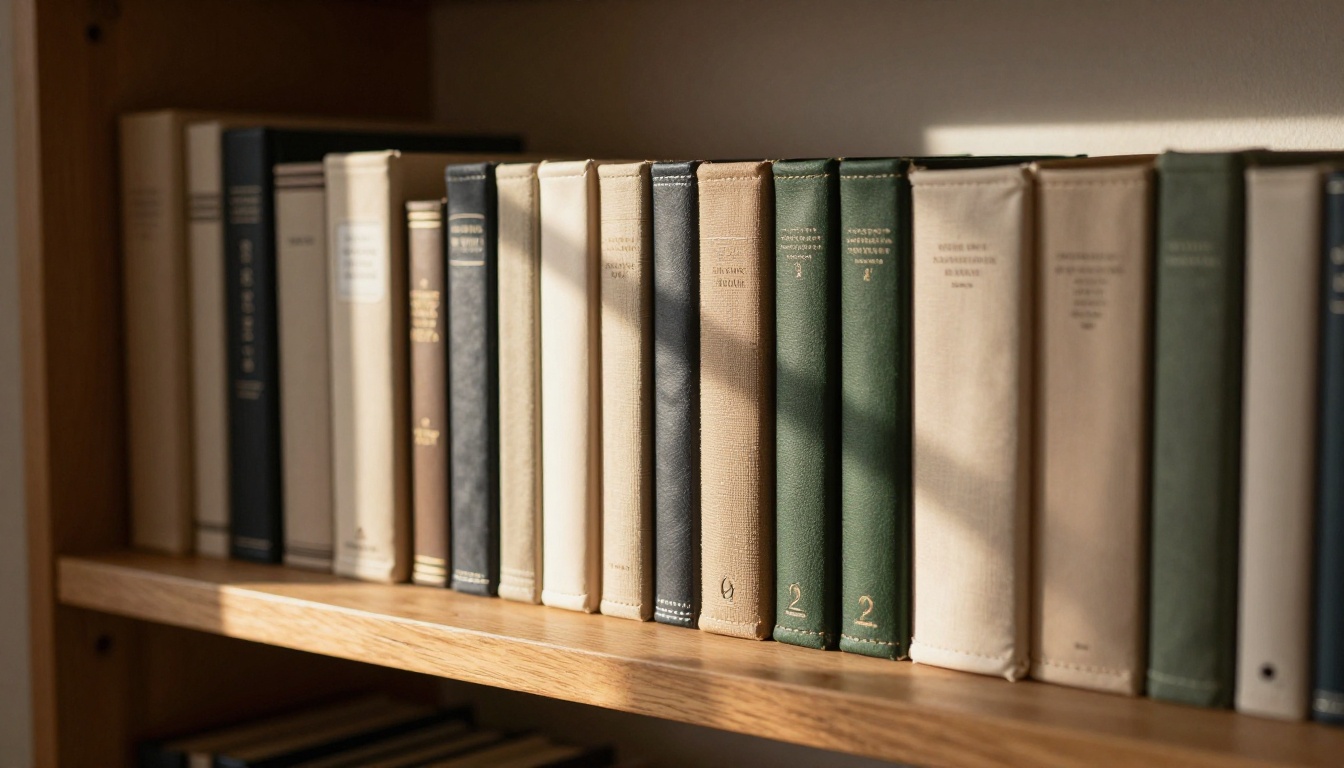 Collection of premium bound photo albums on a wooden shelf with varied leather and linen covers in warm side window light