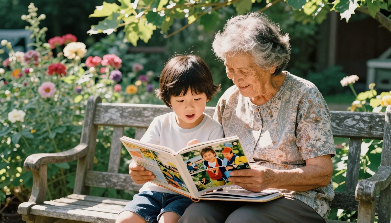 Grandmother and young grandchild sharing a photo album on a garden bench in dappled afternoon light