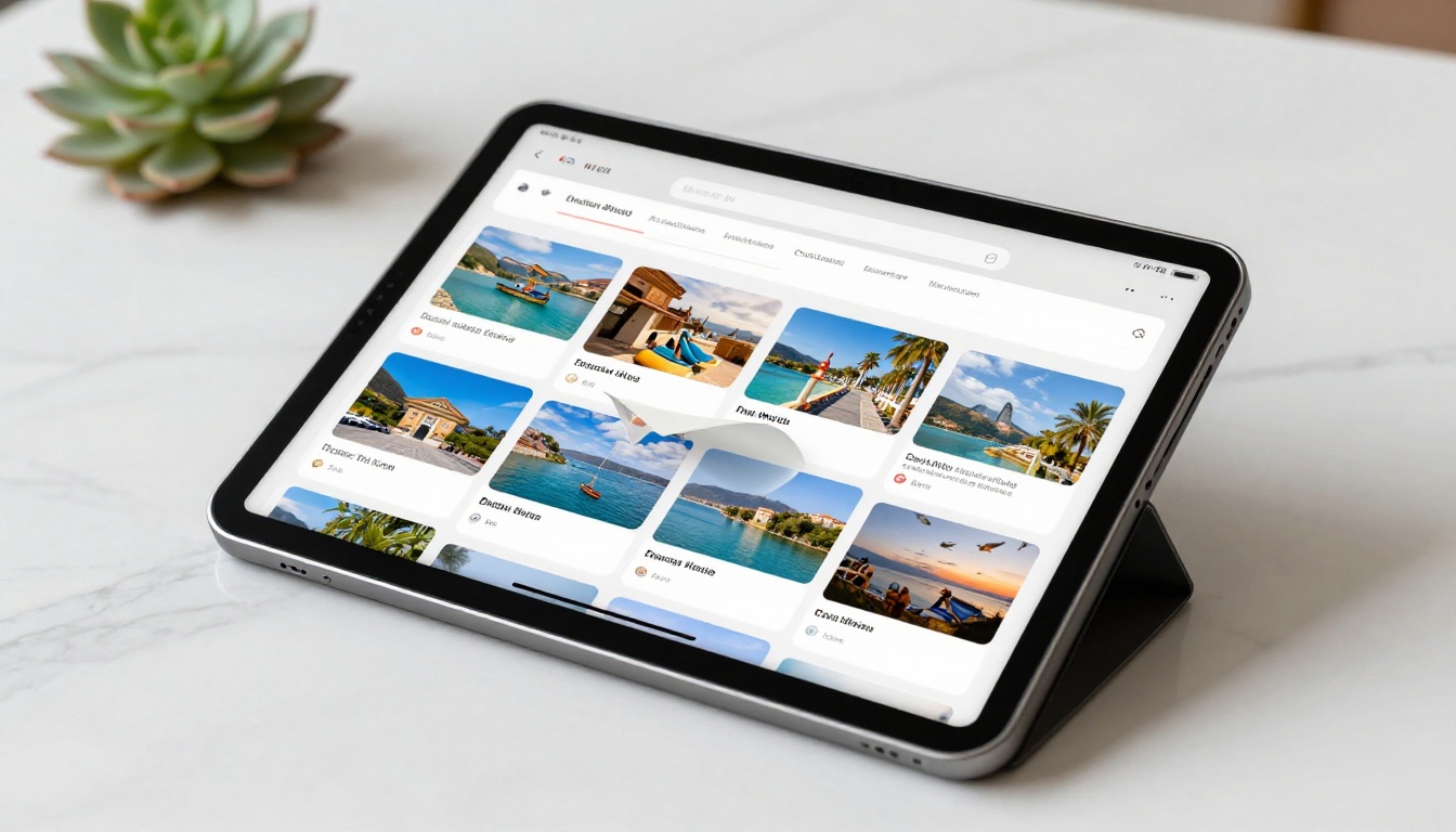 Tablet on white marble surface showing an interactive digital photo album with realistic page-curl animation in natural light