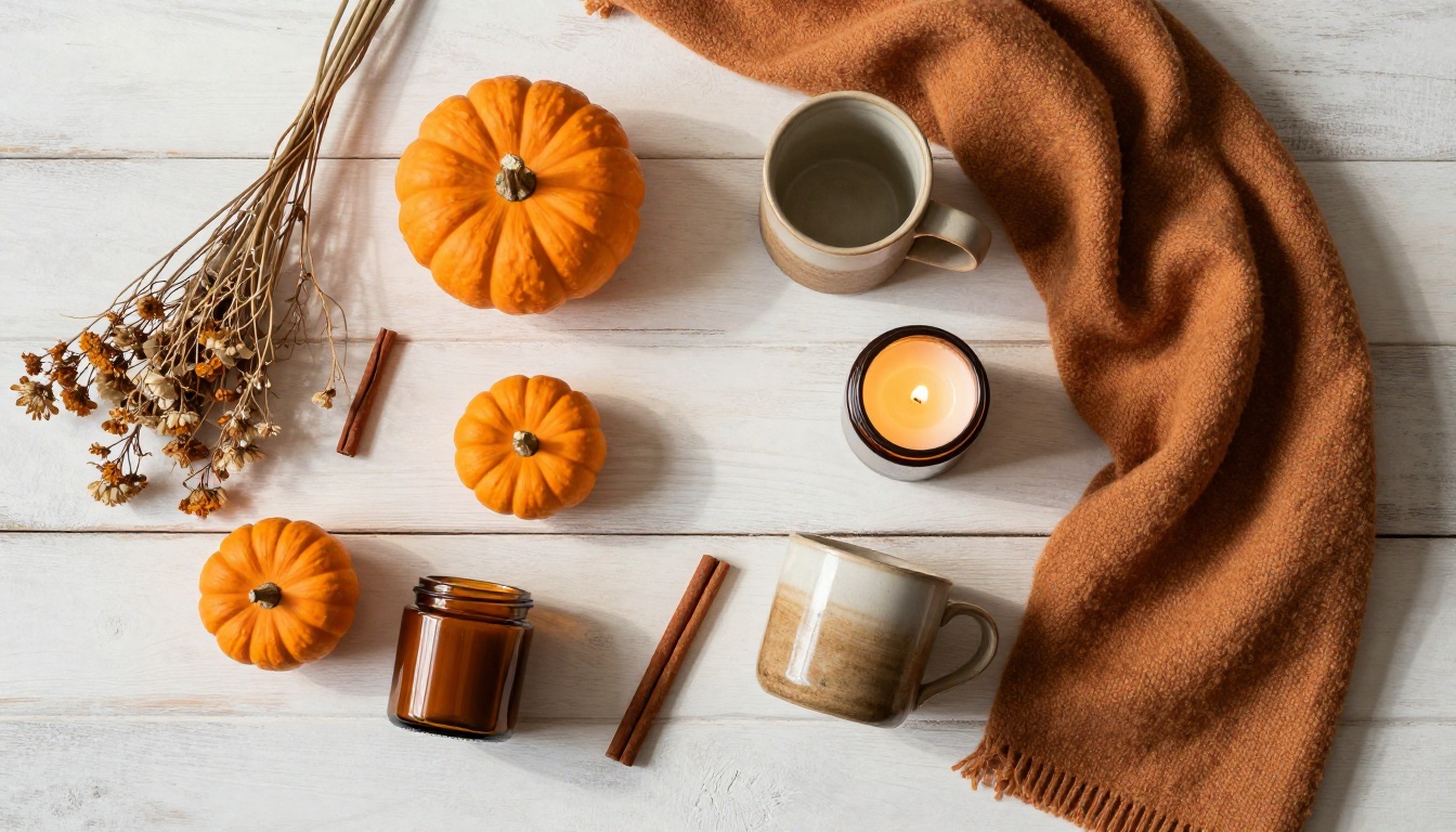 Seasonal autumn product flat lay with earthy tones, candles, and textiles arranged on a rustic wooden surface