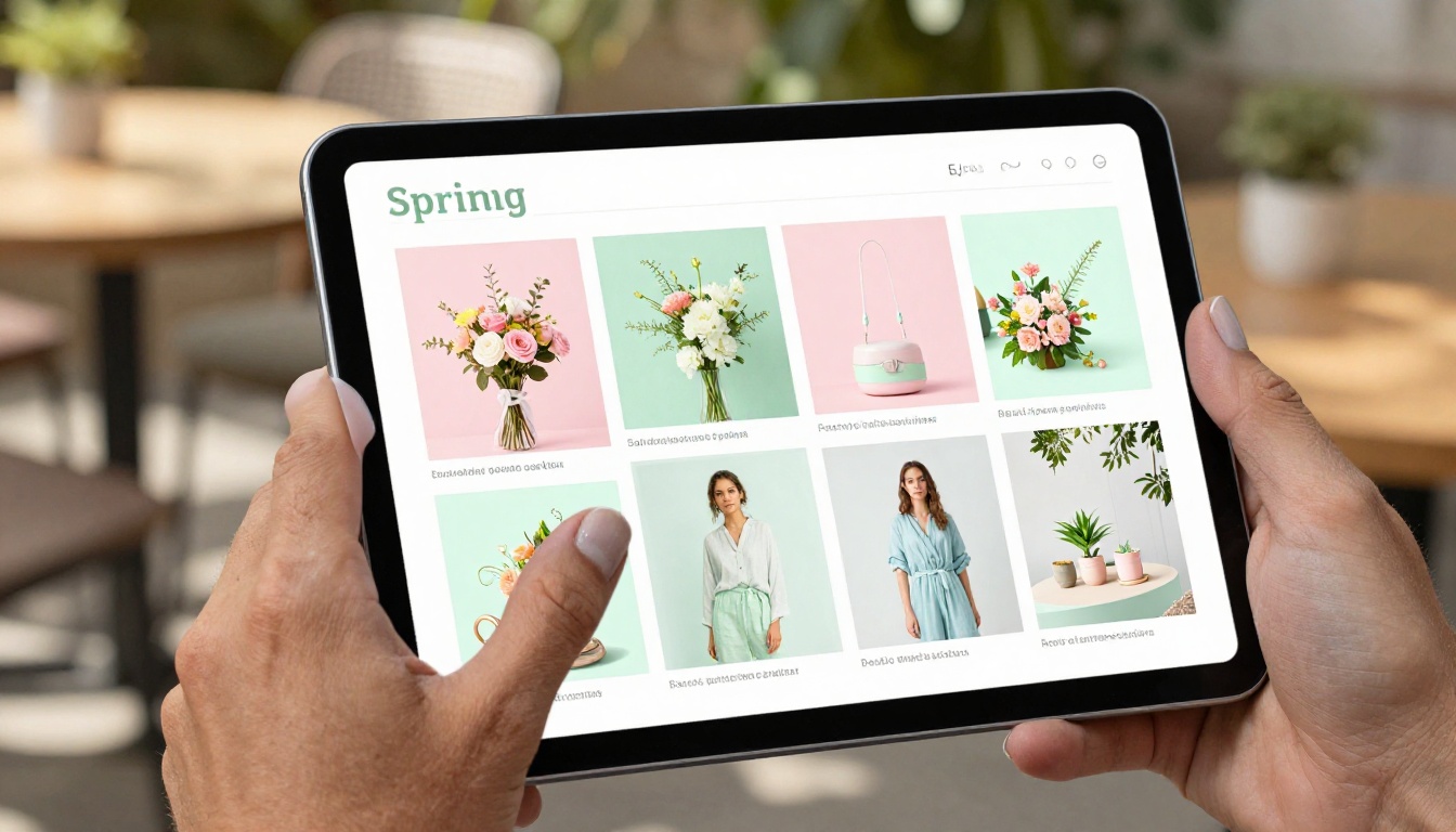 Interactive spring seasonal catalog displayed on a tablet held by hands in an outdoor cafe with dappled sunlight