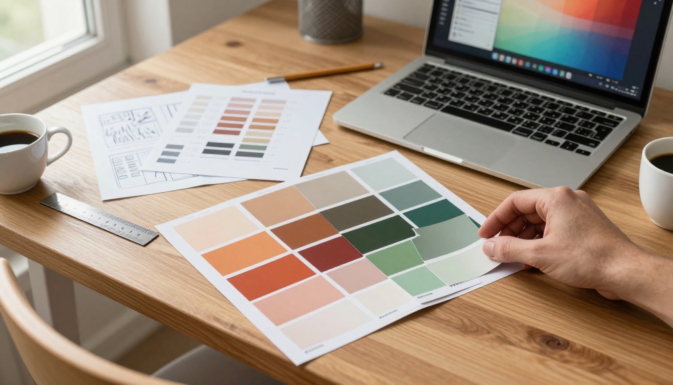 Designer's desk with Pantone color swatches in autumn earth tones and catalog grid sketches