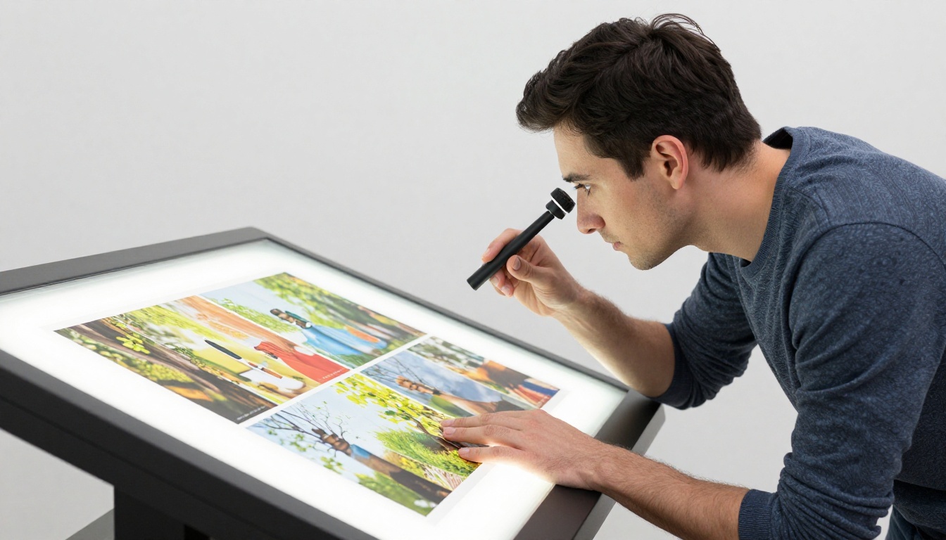 Man carefully reviewing color accuracy on a large-format printed seasonal catalog with a loupe magnifier on a light table