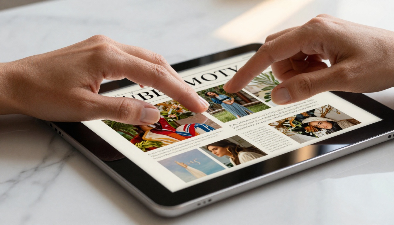 Hands turning pages of a digital flipbook newsletter on a tablet Hands turning pages of a digital flipbook newsletter on a tablet