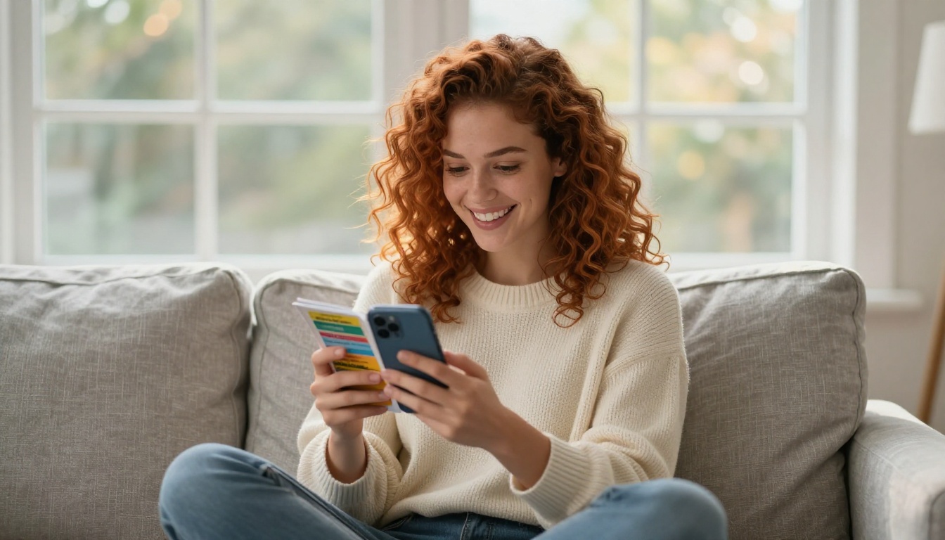Young woman smiling reading a colorful interactive flipbook newsletter on her phone Young woman smiling reading a colorful interactive flipbook newsletter on her phone