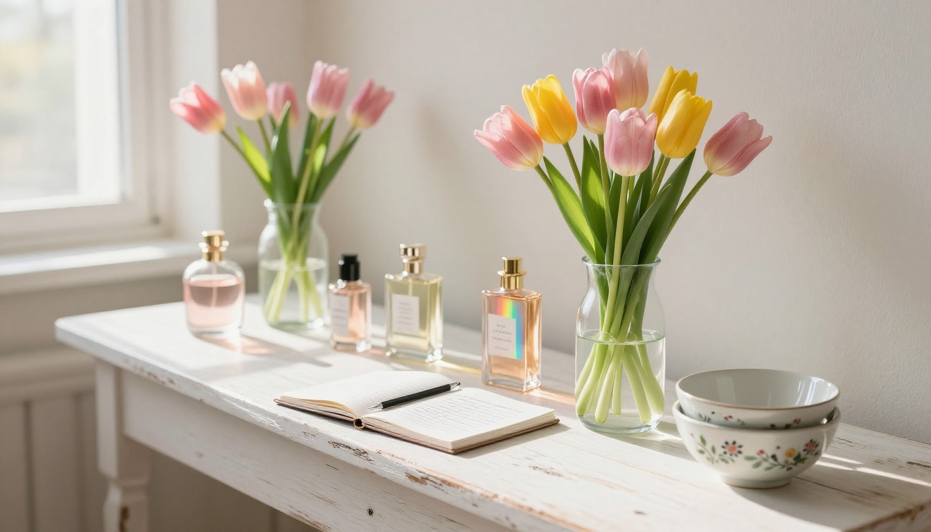 Spring product arrangement with fresh tulips, glass perfume bottles, and floral ceramics in soft natural window light