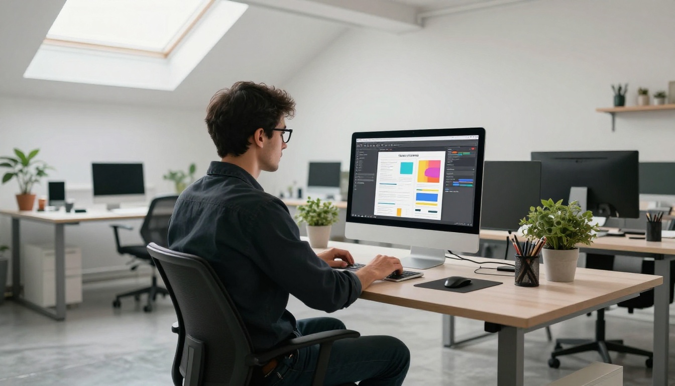 Graphic designer working on a newsletter layout at a large iMac in a minimalist studio office Graphic designer working on a newsletter layout at a large iMac in a minimalist studio office