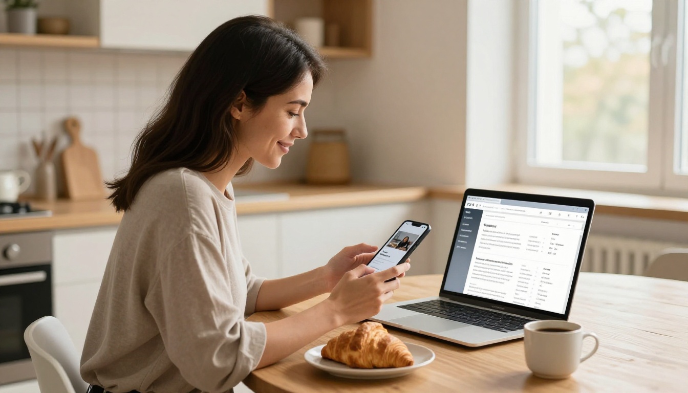 Woman sharing completed digital seasonal catalog on laptop while messaging on her phone in a sunlit apartment