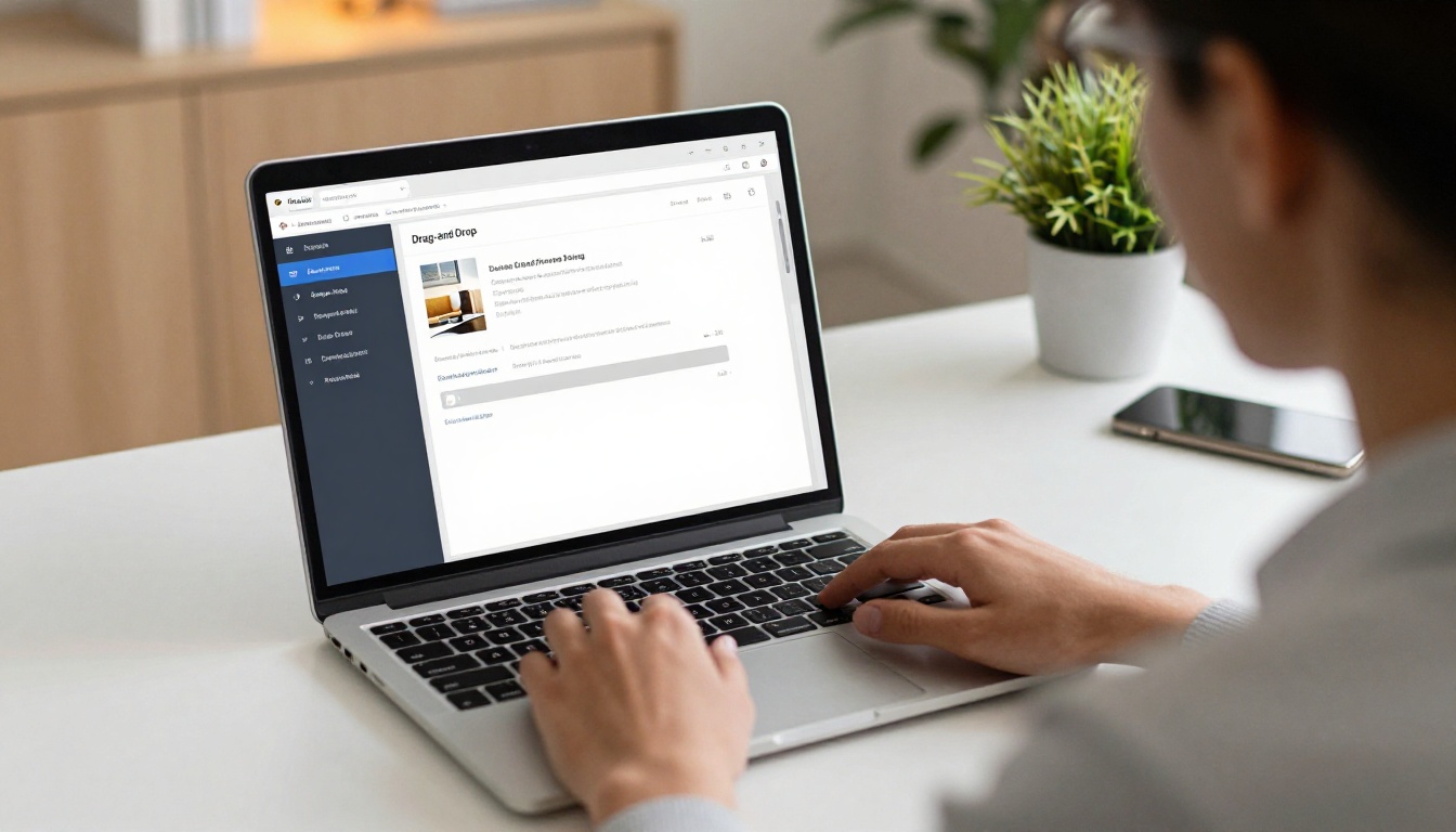 Person uploading a seasonal catalog PDF through a clean web drag-and-drop interface on a laptop