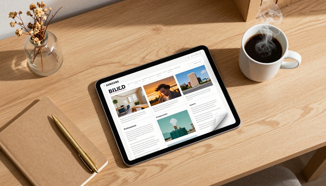 Aerial flat-lay of a desk with a tablet showing a flipbook newsletter open beside coffee and a notebook Aerial flat-lay of a desk with a tablet showing a flipbook newsletter open beside coffee and a notebook