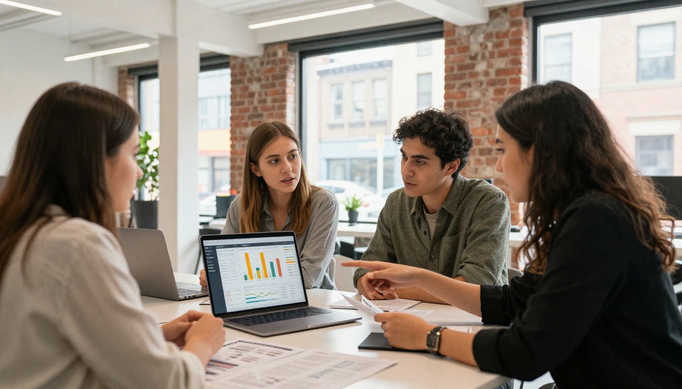 Small marketing team reviewing newsletter subscriber analytics on a laptop and printed reports Small marketing team reviewing newsletter subscriber analytics on a laptop and printed reports