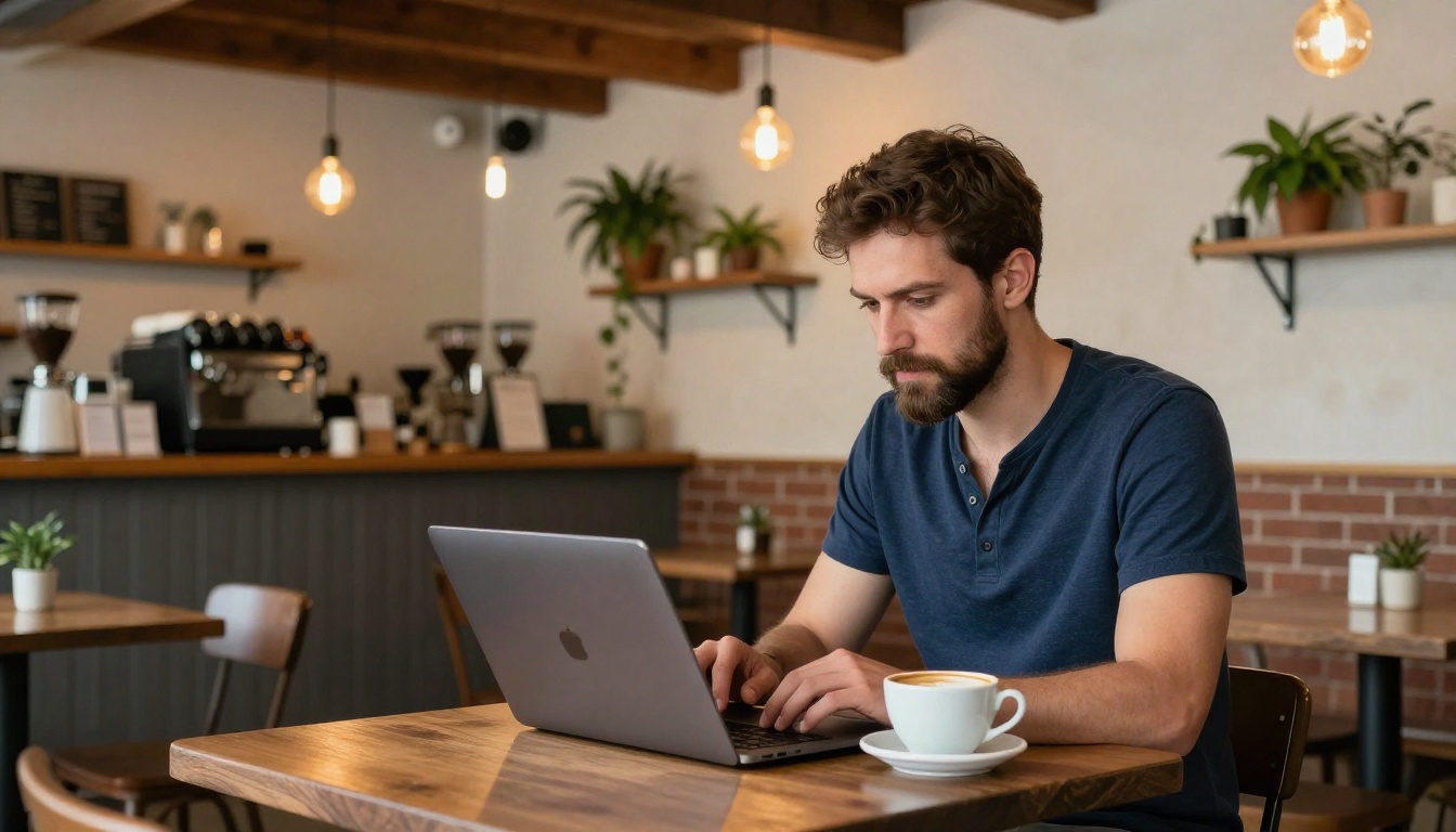 Man working on newsletter design in a cozy coffee shop with warm ambient light Man working on newsletter design in a cozy coffee shop with warm ambient light