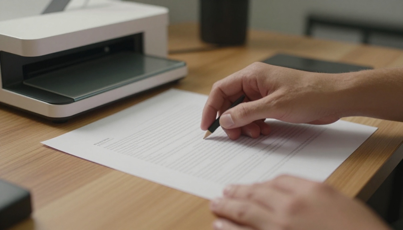 A pair of hands placing a printed document onto a flatbed scanner in a clean minimalist office with warm diffused overhead lighting A pair of hands placing a printed document onto a flatbed scanner in a clean minimalist office with warm diffused overhead lighting