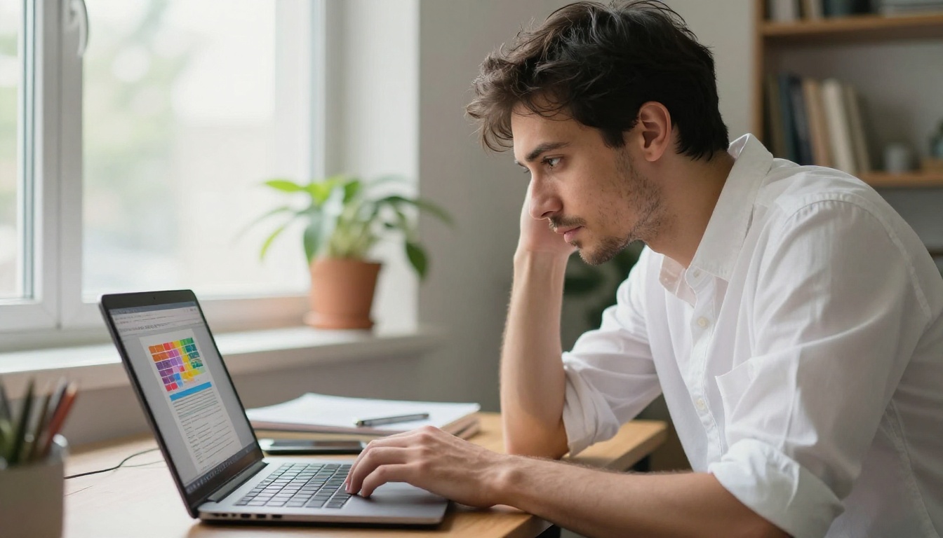 A focused professional reviewing a PDF document on a laptop at a bright modern desk A focused professional reviewing a PDF document on a laptop at a bright modern desk