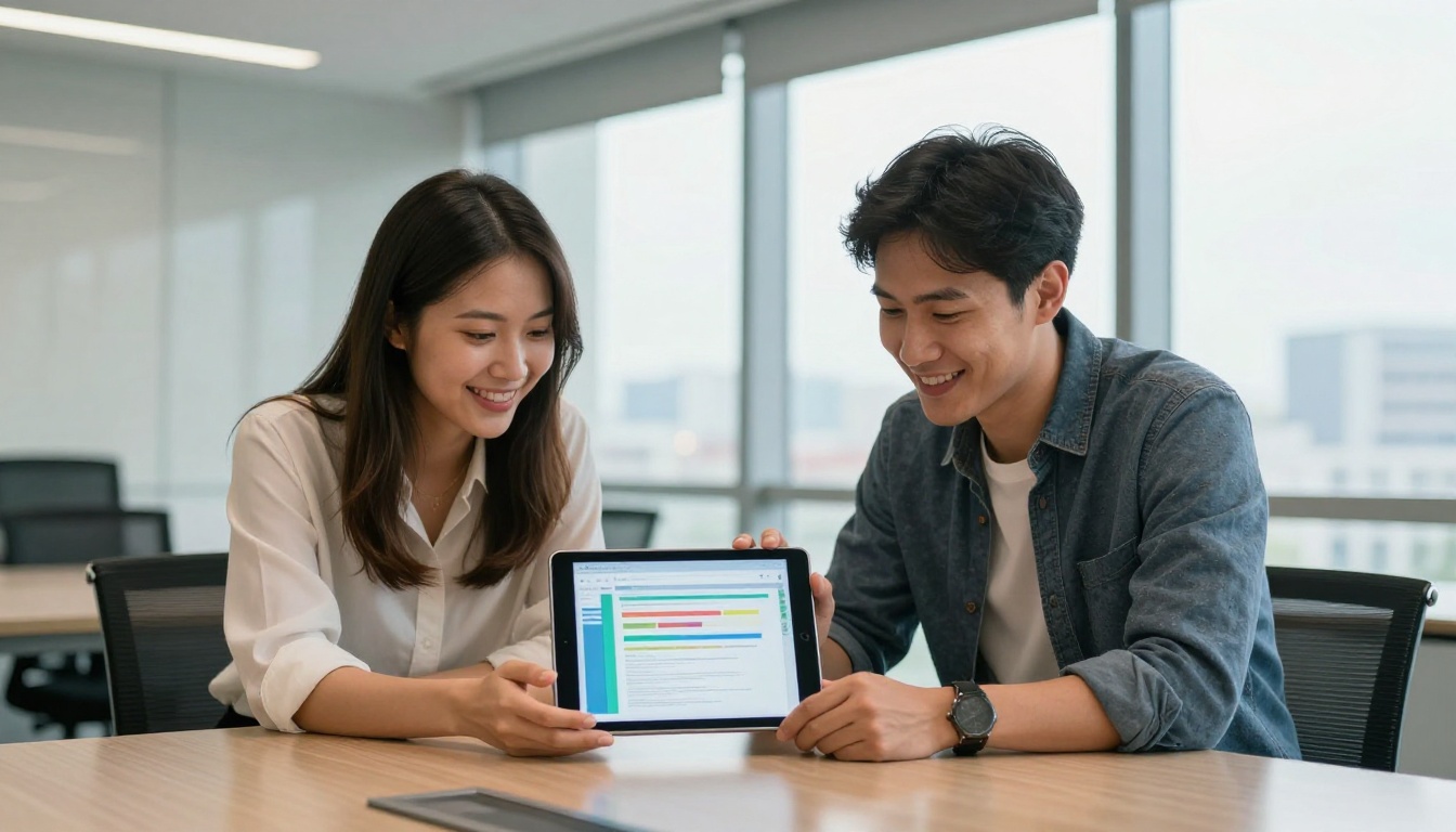 Two young professionals in a bright conference room, a woman showing a tablet screen to her colleague over a glass table Two young professionals in a bright conference room, a woman showing a tablet screen to her colleague over a glass table