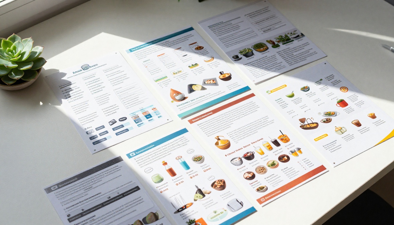 Overhead flat-lay of printed marketing brochures and catalogs spread across a white desk with natural window light creating subtle shadows Overhead flat-lay of printed marketing brochures and catalogs spread across a white desk with natural window light creating subtle shadows