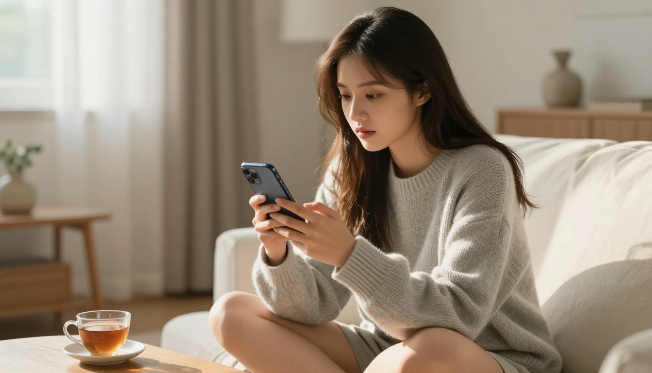 A young woman sitting cross-legged on a white sofa holding a smartphone horizontally, browsing pages with warm afternoon light through sheer curtains A young woman sitting cross-legged on a white sofa holding a smartphone horizontally, browsing pages with warm afternoon light through sheer curtains