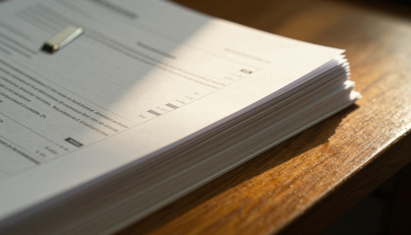 Close-up of a neat stack of printed report documents on a polished oak desk with warm golden hour light from the right side Close-up of a neat stack of printed report documents on a polished oak desk with warm golden hour light from the right side
