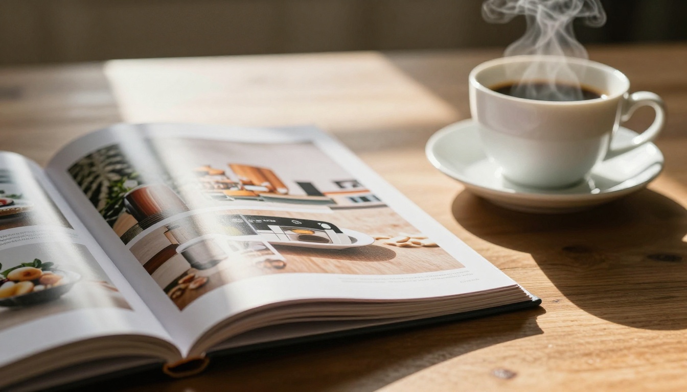 An open glossy product catalog resting on a warm oak desk beside a white ceramic coffee cup with light steam rising from it in morning sunlight An open glossy product catalog resting on a warm oak desk beside a white ceramic coffee cup with light steam rising from it in morning sunlight