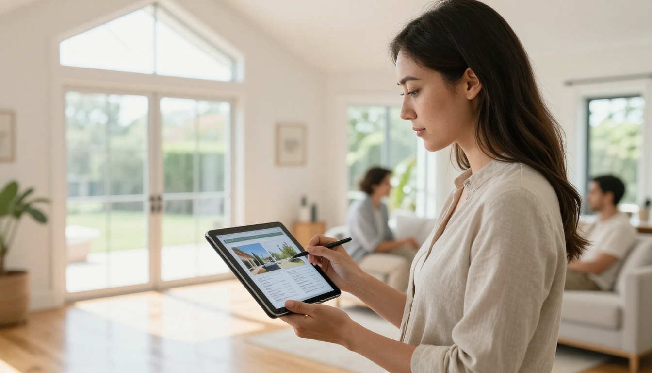 Real estate agent presenting property listing on tablet to couple in bright modern home