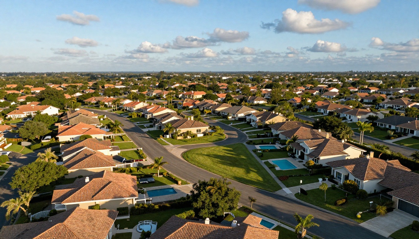Aerial drone view of luxury suburban neighborhood with manicured lawns, swimming pools, and tile-roof homes