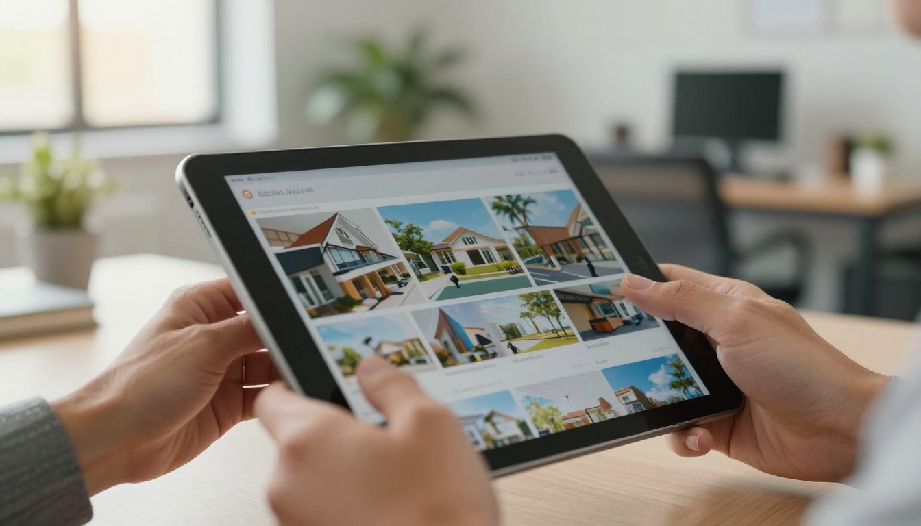 Close-up of real estate agent hands holding tablet showing property photo gallery