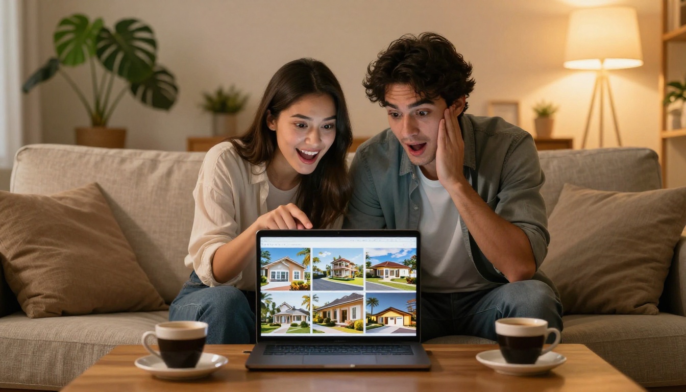 Young couple on sofa excitedly browsing property listings on laptop together at home