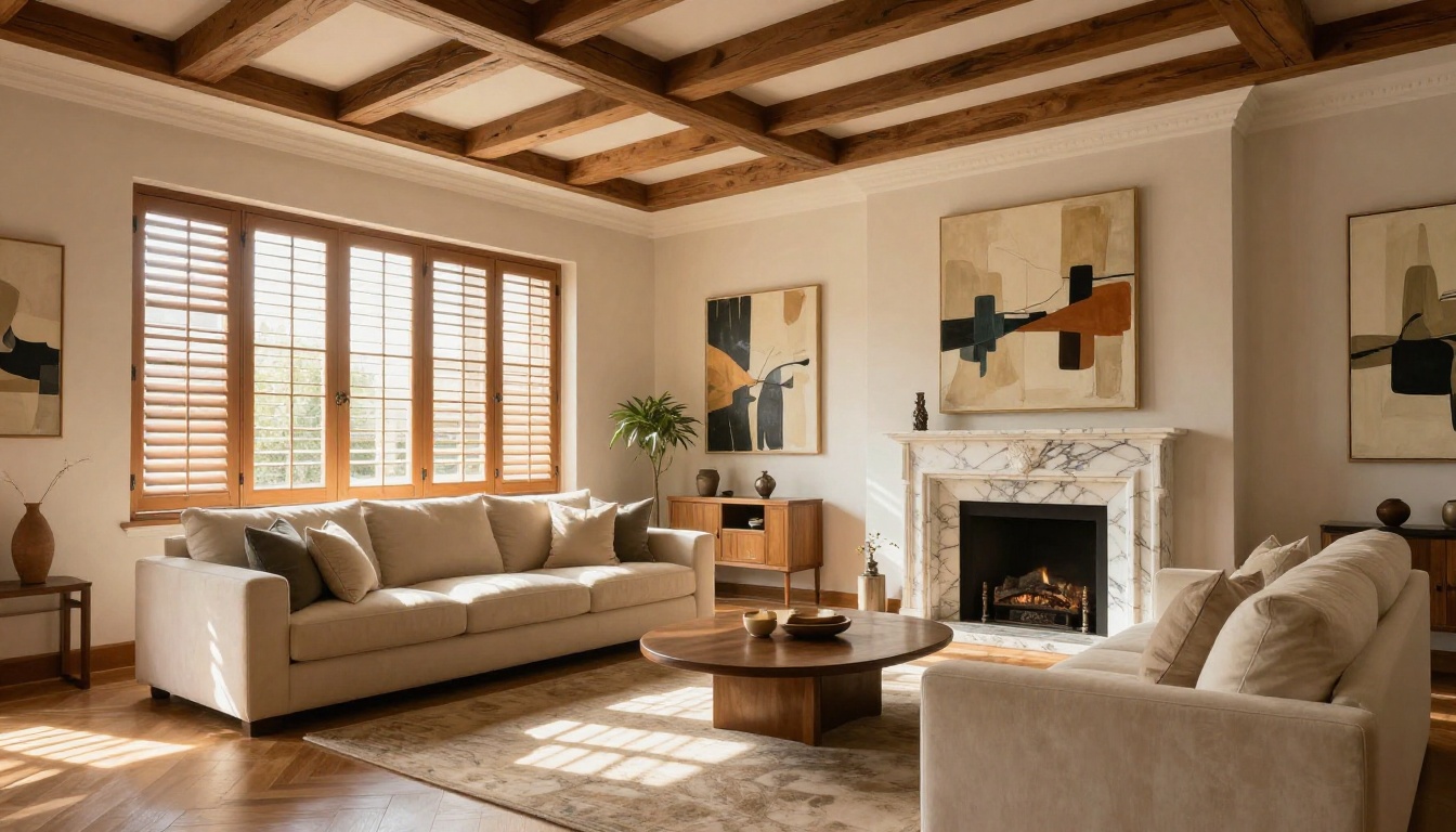 Beautifully staged luxury living room with marble fireplace, cream sofas, and herringbone oak floors