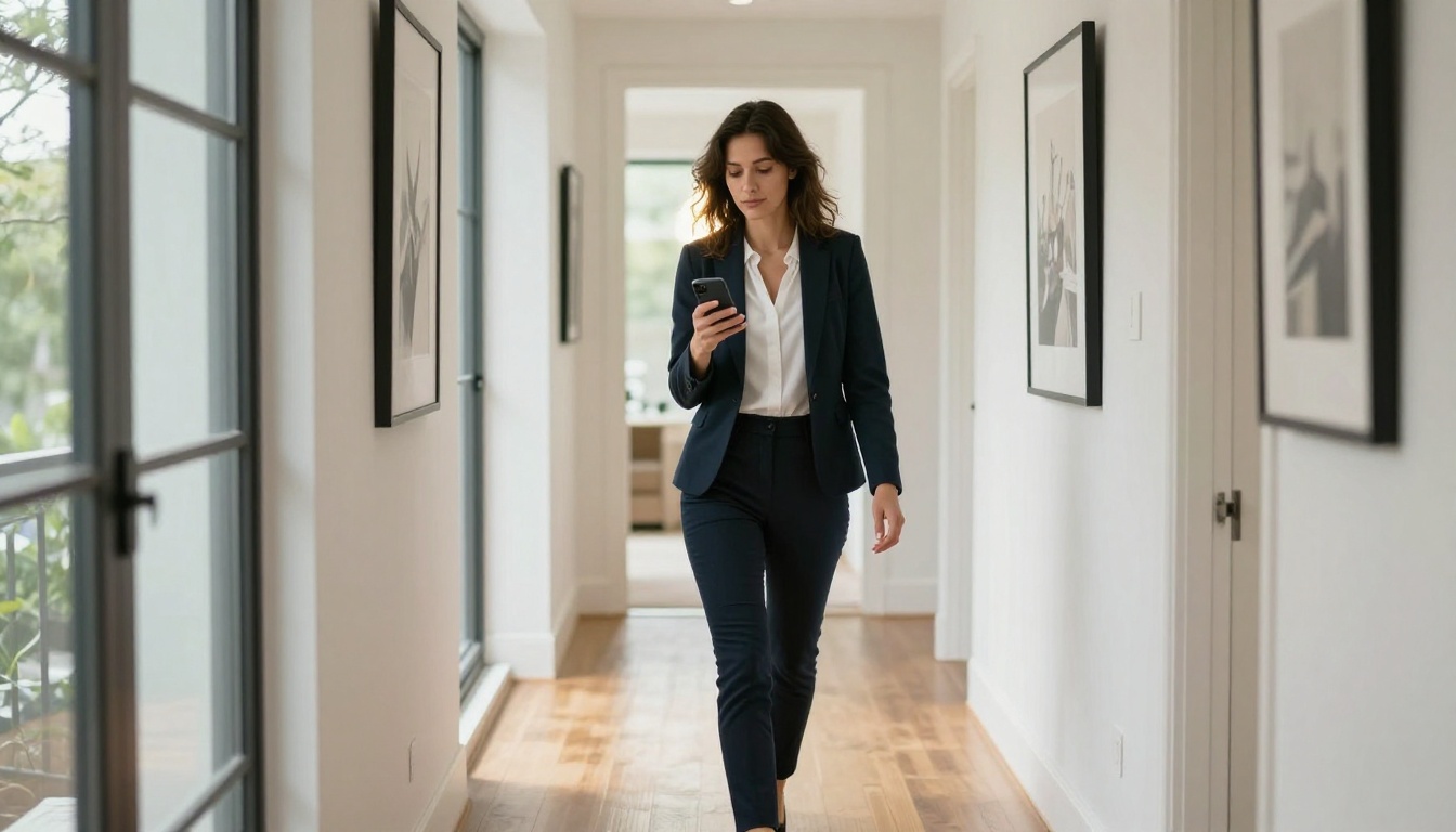 Real estate agent walking through modern hallway, scrolling a digital property listing on her smartphone
