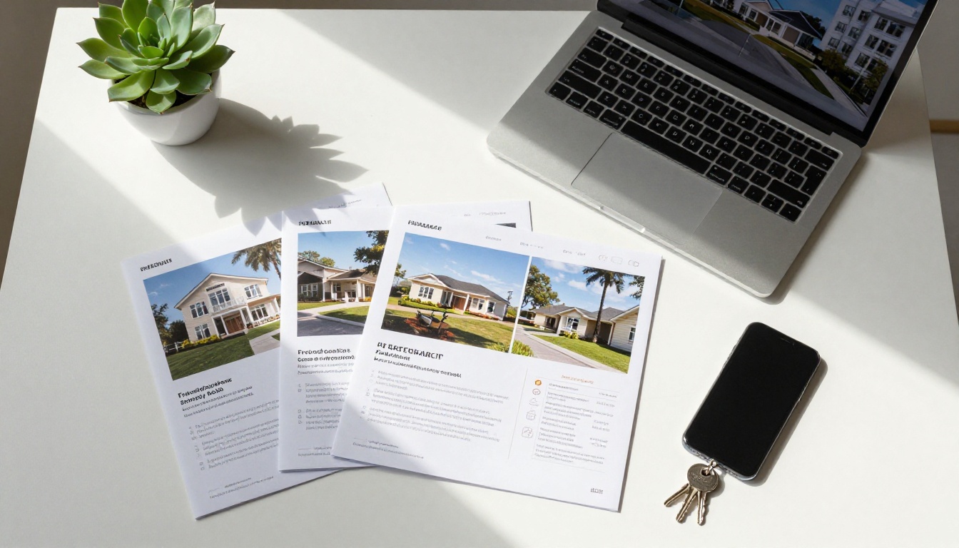 Professional real estate marketing materials flat lay with printed brochures, house keys, laptop, and phone
