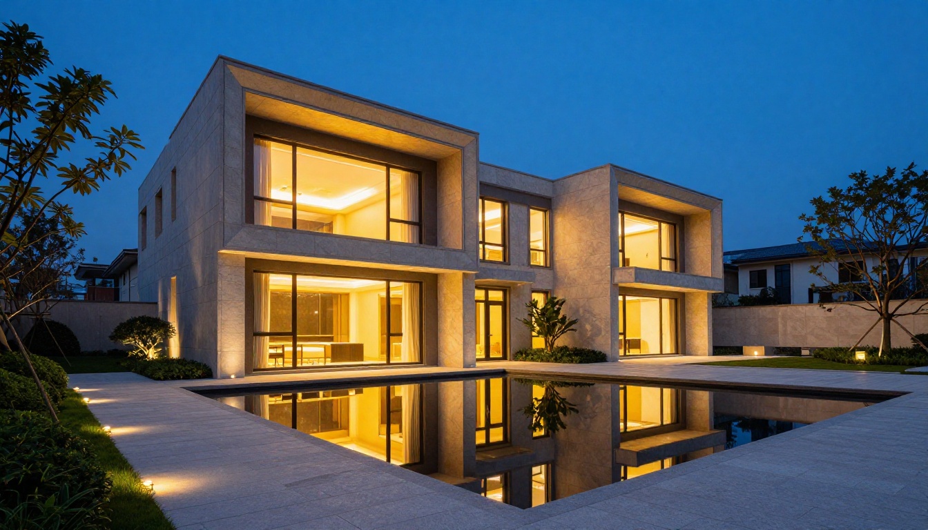 Luxury modern home exterior at twilight, warm golden lights glowing from windows reflected in a garden pond