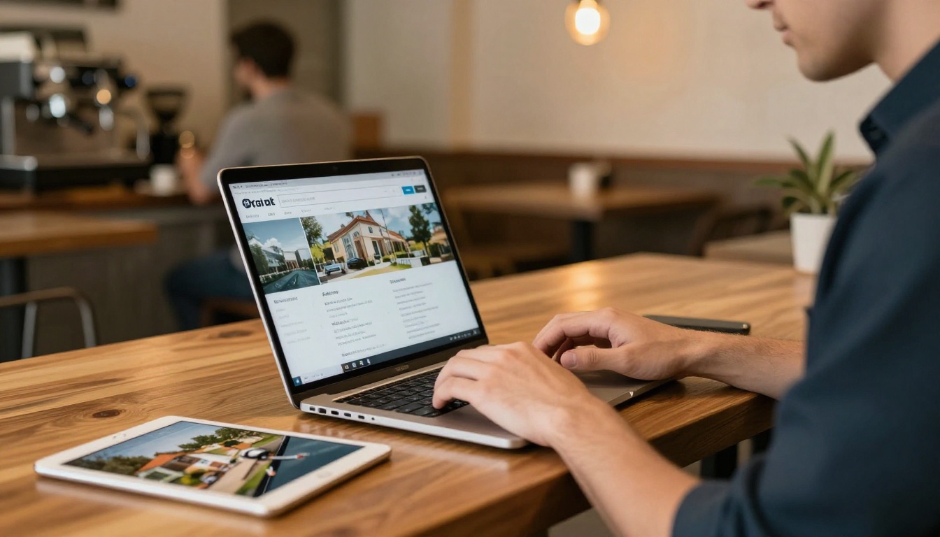 Real estate agent at a café working on laptop showing property listings with a tablet nearby