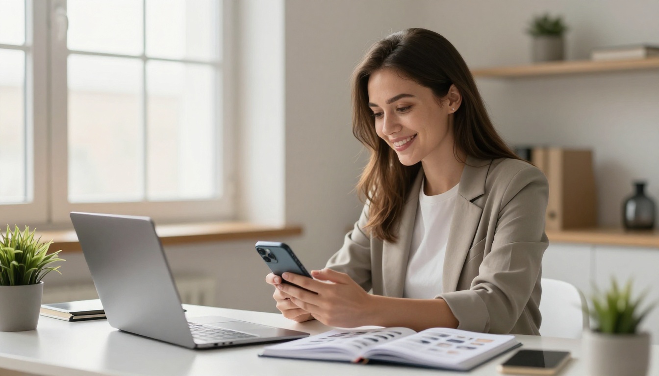 Young professional woman smiling at her smartphone while reviewing a digital flipbook catalog at her home office desk