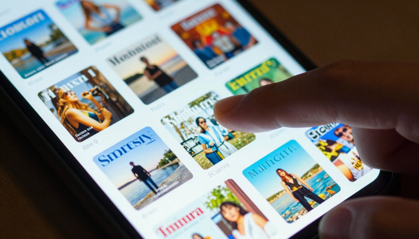 Close-up macro shot of a thumb hovering over a smartphone screen showing a digital flipbook grid with colorful page thumbnails