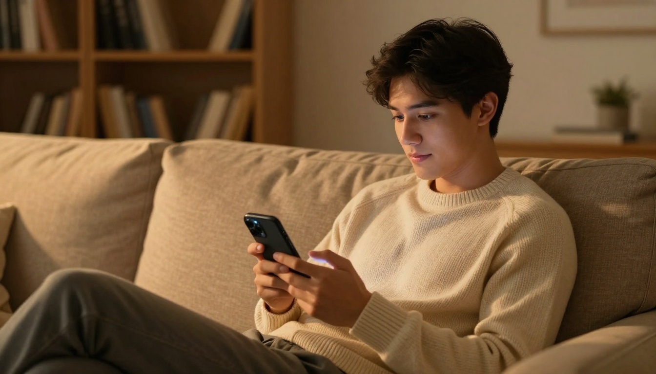 Man sitting comfortably on a sofa in a warm living room, holding his smartphone and sharing a digital flipbook