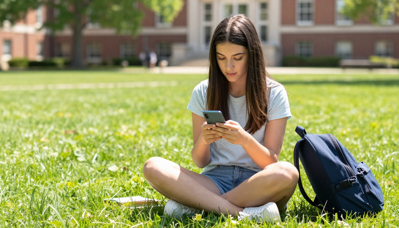 Female student sitting cross-legged on a green campus lawn in bright sunlight, creating a digital portfolio flipbook on her smartphone