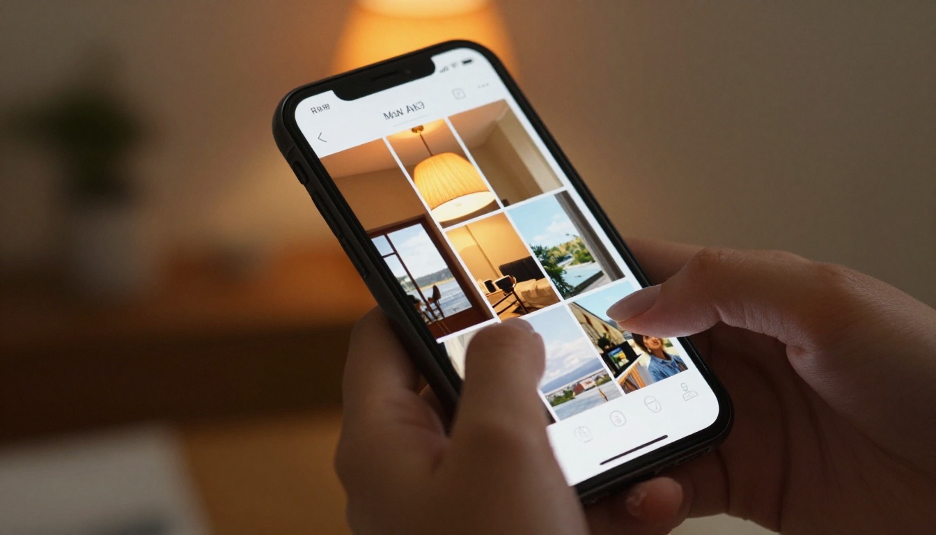 Close-up of hands swiping through phone photo gallery to select images for uploading into a flipbook app
